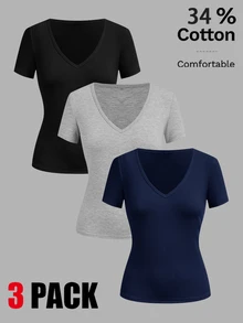 SHEIN EZwear 女款純色V領短袖休閒百搭T恤（3件組） - 彩色 - 查看 2