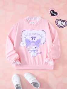 HELLO KITTY AND FRIENDS | SHEIN Tween Girl Contrast Lace Round Neck Long Sleeve Cartoon Print Sweatshirt - Pink - View 1