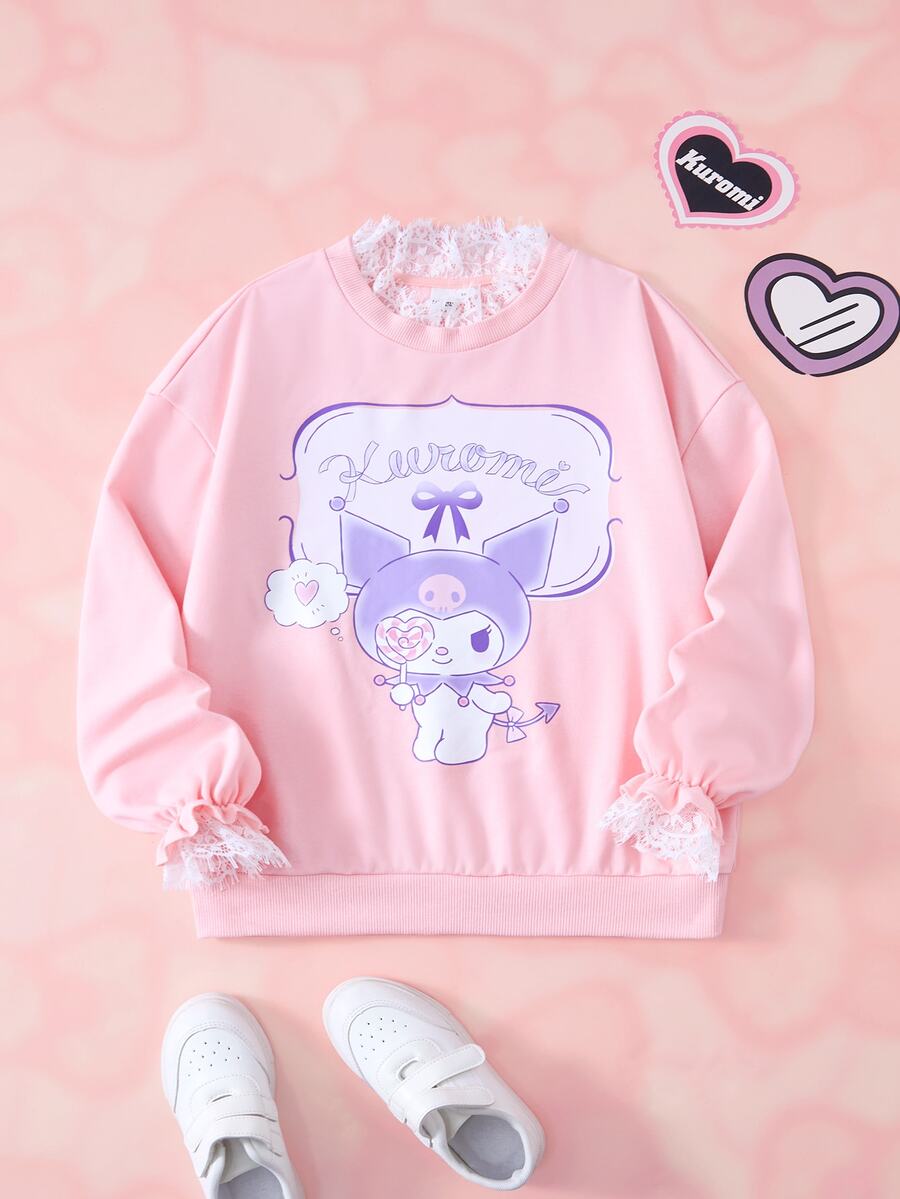 HELLO KITTY AND FRIENDS | SHEIN Tween Girl Contrast Lace Round Neck Long Sleeve Cartoon Print Sweatshirt - Pink - View 1