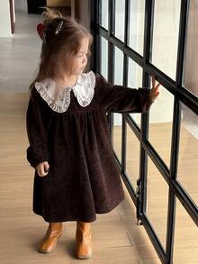 DAZY Infant/Toddler (Girl) Colorblock Patchwork Long Sleeve Korean Style Dress, Autumn/Winter - Coffee Brown - View 6