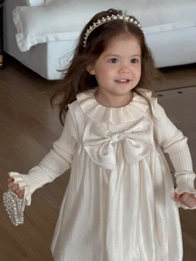 DAZY Infant/Toddler (Girl) Round Neck Bow Korean Style Party Dress - Apricot - View 5