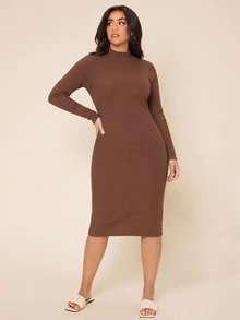 SHEIN BASICS Plus Size Women Solid Color Stand Collar Long Sleeve Slim Fit Elegant Knit Dress - Coffee Brown - View 4