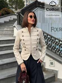 Lavishia Women's Elegant Cotton Double-Breasted Zipper Long Sleeve Jacket,Khaki Zipper Front Napoleon/Military Style Jacket, Outing, Country Concert Attire - Khaki - View 4