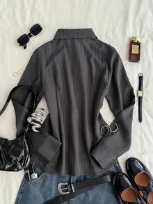Attitoon 女款條紋休閒百搭日常長袖襯衫 - 灰色 - 查看 2