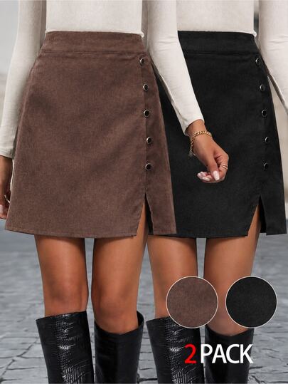 SHEIN LUNE Women's Solid Color Elegant Skirts With Side Buttons And Slit Hem (2-Pack)