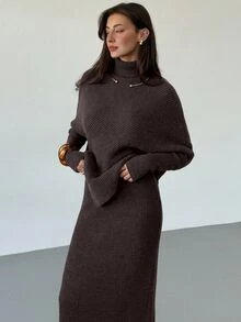 Aloruh Burgundy Knitted 2pcs Set New Autumn - Coffee Brown - View 5