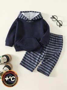 SHEIN 2件組男嬰秋冬休閒藍色連帽衛衣與條紋寬腿褲套裝，休閒套裝，運動套裝，嬰兒服裝套裝 - 彩色 - 查看 3