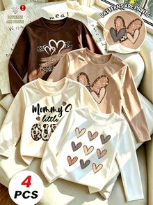 (4 Pcs)Young Girls Autumn Casual Fresh Minimalist Shiny Leopard Print Stripe Heart Letter Pattern Long Sleeve T-Shirt - Multicolor - View 1