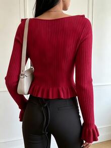 INAWLY Romantic Versatile Date Holiday Travel INS Style Knit Cardigan With Ruffle Pleated Hem - Burgundy - View 2