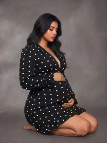 Cheriluna Maternity فستان حمل مقاس كبير أنيق وكاجوال بأكمام طويلة وكشكشة وياقة V عميقة وفيونكة أمامية وقصة A-Line مع كشكشة في الحافة بنقشة نقاط سوداء - الأسود - مشاهدة 3