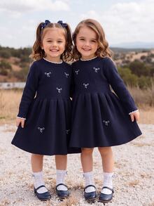 Baby Girl Embroidered Fashion Long Sleeve Sweater Dress For Outings - Navy Blue - View 3