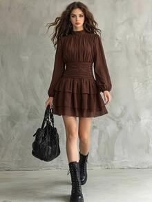 SHEIN PariChic Women's Solid Color Pleated Casual Daily Summer Short Dress - Coffee - View 4
