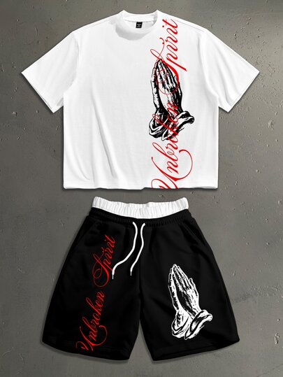 StoneGrade American Vintage Virgin Mary Hands Praying Vertical Red Cursive English Font Fashion Print Men's Standard Size Drop Shoulder Loose Fit Short Sleeve T-Shirt And Double Waistband Short Sweatpants Set