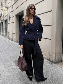 Aloruh 女款純色腰帶休閒法式優雅百搭日常通勤風衣外套 辦公旅行 棕色系 秋季 - 藏蓝色 - 查看 3