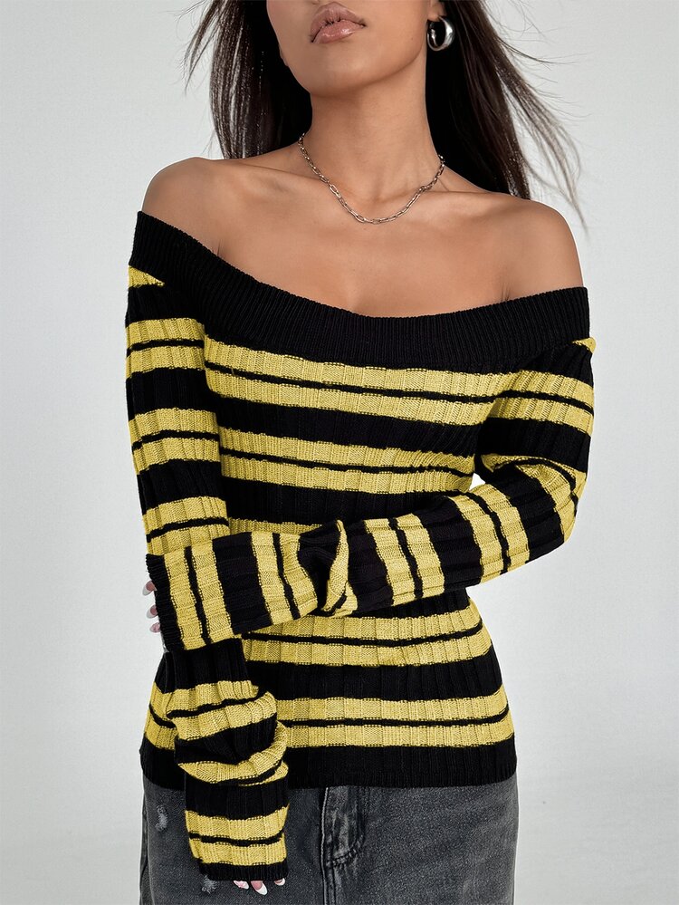 Flirla Women's Asymmetrical Shoulder Striped Casual Daily Long Sleeve Sweater - Yellow - View 5