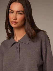 Athîral Women's Casual Button Half-Placket Polo Collar Sweater - Coffee Brown - View 5