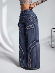 SHEIN PETITE Women's Frayed Hem Casual Versatile Everyday Jeans - Blue - View 3
