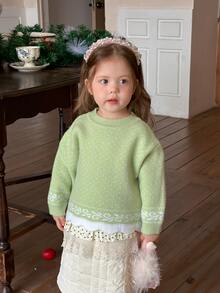 DAZY Sweater Bayi Perempuan Lengan Panjang Motif Polkadot Leher Bulat Gaya Korea Musim Gugur/Dingin - Mint Green - View 4