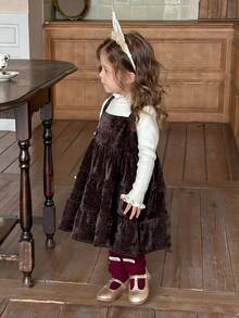 DAZY Infant/Toddler (Girl) Solid Color Autumn/Winter Layered Korean Style Casual Pinafore Dress - Coffee Brown - View 4