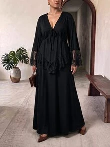 Truni Plus-Size Women's Contrast Lace Long-Sleeved Dress, V-Neck And Fitted WaistPear Body,Triangle Body Fall - Black - View 5
