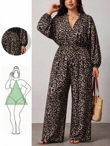 Truni Plus-Size Women's Retro Leopard Print Waist-Cinching Long-Sleeved JumpsuitPear Body,Triangle Body - Multicolor - View 1