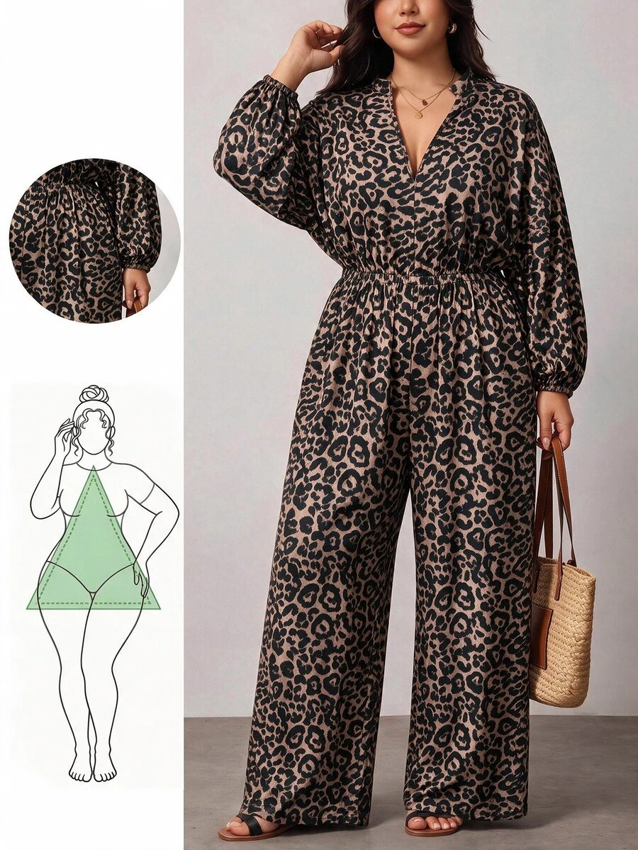 Truni Plus-Size Women's Retro Leopard Print Waist-Cinching Long-Sleeved JumpsuitPear Body,Triangle Body - Multicolor - View 1
