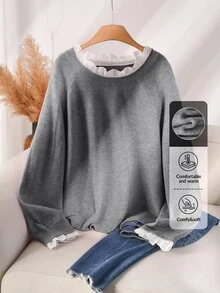 CosyJoli 大尺碼休閒蕾絲拼接圓領套頭粉色網紗針織衫，女款秋冬衣物 - 灰色 - 查看 1