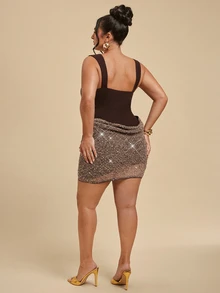 SHEIN BAE CURVE Plus Size Women's Brown Colorblock Sequin Hem Fashion Sleeveless Mini Dress - Brown - View 7