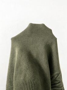 SHEIN 女款深棕色V領麻花編織毛衣，休閒長袖套頭衫 - 軍綠色 - 查看 4