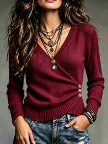 LUMIGAL Women's Solid Color Overlap V-Neck Long Sleeve Side Waist Button Design Sweater - Burgundy - View 4