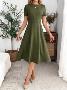 EMERY ROSE 女款優雅通勤收腰純色洋裝 秋季女裝休閒洋裝 棕色優雅女裙 - 軍綠色 - 查看 3