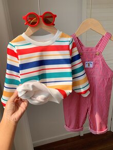 SHEIN 中性新生兒嬰兒男/女寶寶，男嬰2件組秋冬抓絨加厚可愛條紋運動衫套裝，連身衣套裝，萬聖節、聖誕節 - 紅色 - 查看 6