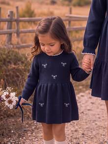 Baby Girl Embroidered Fashion Long Sleeve Sweater Dress For Outings - Navy Blue - View 5