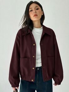 Aloruh Women's Solid Color Long Sleeve Single-Breasted Casual Jacket - Maroon - View 4