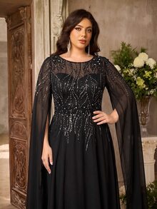 Aureia Plus Size Elegant Glamorous Black Sequin Embroidered Patchwork Chiffon Round Neck Water Sleeve Burnout Print Exquisite Craftsmanship Ruched A-Line Hem Evening Gown Suitable For All Formal Occasions (Heavy Work Design) - Black - View 3
