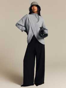 COSMINA Women's Grey Pullover Sweater With Stand Collar And Cross Design, Long Sleeve, Casual Fall/ Outfit Everyday Travel - Grey - View 3