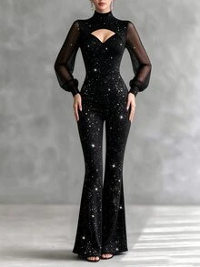 LUMIGAL Women's Autumn Cutout Design Shiny Long Sleeve Elegant Flared Jumpsuit - Black - View 4