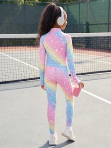 SHEIN 青少年女孩星星印花拉鍊長袖運動 Y2K 夾克與緊身褲瑜伽健身套裝 粉色 秋季度假機場穿搭 - 彩色 - 查看 2