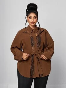 Maweii Plus Size Women Sexy Elegant Loose Brown Long Sleeve Shirt Lace 2 In 1 Inner Layer Western Style Casual Party Office Going Out Daily Loose Blouse Fall - Coffee Brown - View 3