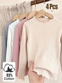 4Pcs Girls Autumn/Winter Cotton Ribbed Solid Color Ruffle Long Sleeve Tops, Cute T-Shirt Undershirts Spring/Autumn, Versatile Fashion Tops Suitable For School, Vacation, Daily Wear - Multicolor - View 6