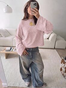 SHEIN EZwear 海外長袖淺粉色豹紋印花T恤，秋季上衣，適合日常通勤、聚會、秋冬/夏季、聖誕節、新年、感恩節、派對、婚禮、海灘、畢業典禮、優雅、外出、約會、通勤、情人節、優雅、度假、Y2K、畢業典禮等場合 - 彩色 - 查看 3