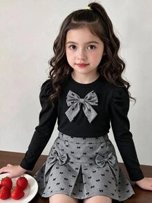 SHEIN Tween Girls Puff Long Sleeve Bow Top And Pleated Skirt Two Pieces Preppy Outfit Set - Multicolor - View 4