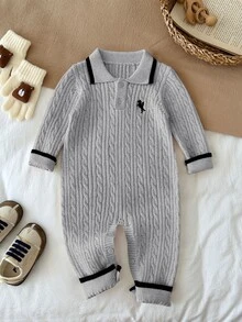 LMoss Kids Baby Boy Knitted Colorblock Collared Half-Button Casual Autumn Sweater Romper - Multicolor - View 7