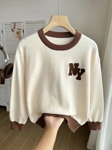 8-12歲男孩秋冬圓領羅紋毛巾刺繡NY字母套頭針織毛衣休閒內搭層 - 白色 - 查看 5