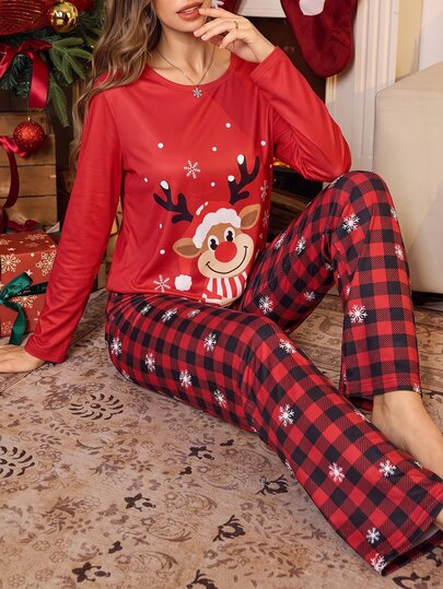 Dream Adore Conjunto de pijama de 2 piezas con estampado de renos navideños, cuadros casuales, manga larga y pantalones largos