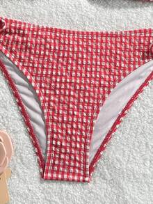 Swim Basics 女款紋理格紋掛脖綁帶性感比基尼兩件式泳衣套裝 - 紅色 - 查看 5