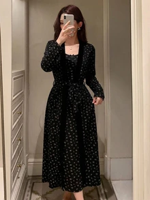 DAZY 2pcs Women's Sweet Ditsy Floral Sleeveless Fitted Long Strap Dress & Long Cardigan Robe Sleepwear Set - Black - View 3