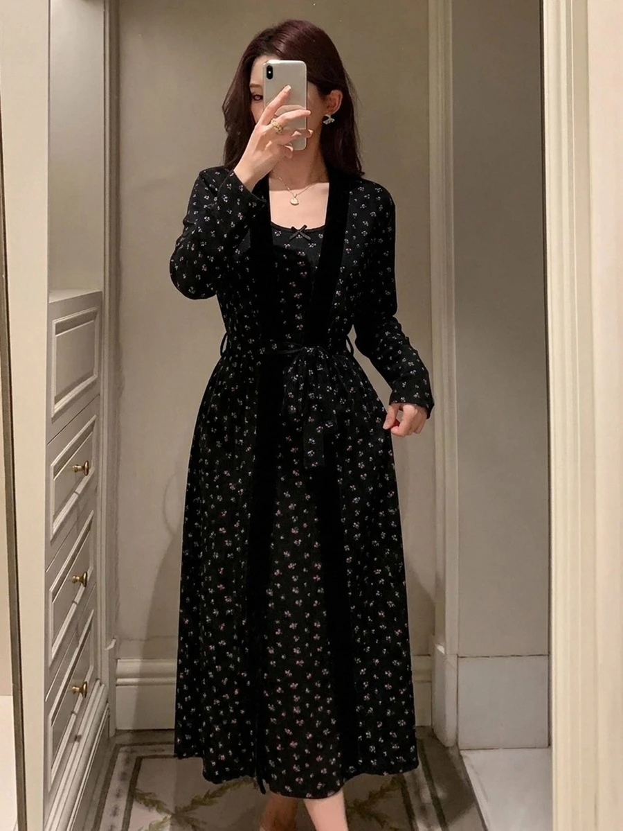 DAZY 2pcs Women's Sweet Ditsy Floral Sleeveless Fitted Long Strap Dress & Long Cardigan Robe Sleepwear Set - Black - View 1