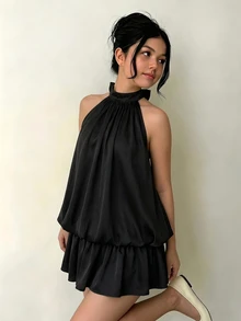 SHEIN 青少年女孩純色百褶休閒日常掛脖洋裝 - 黑色 - 查看 8