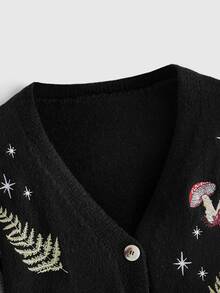 ROMWE Fairycore Vintage Forest Mushroom Herb Star Moon Embroidered Short Loose Fit Versatile Plus Size Cardigan Women Fall Winter Sweater - Black - View 4